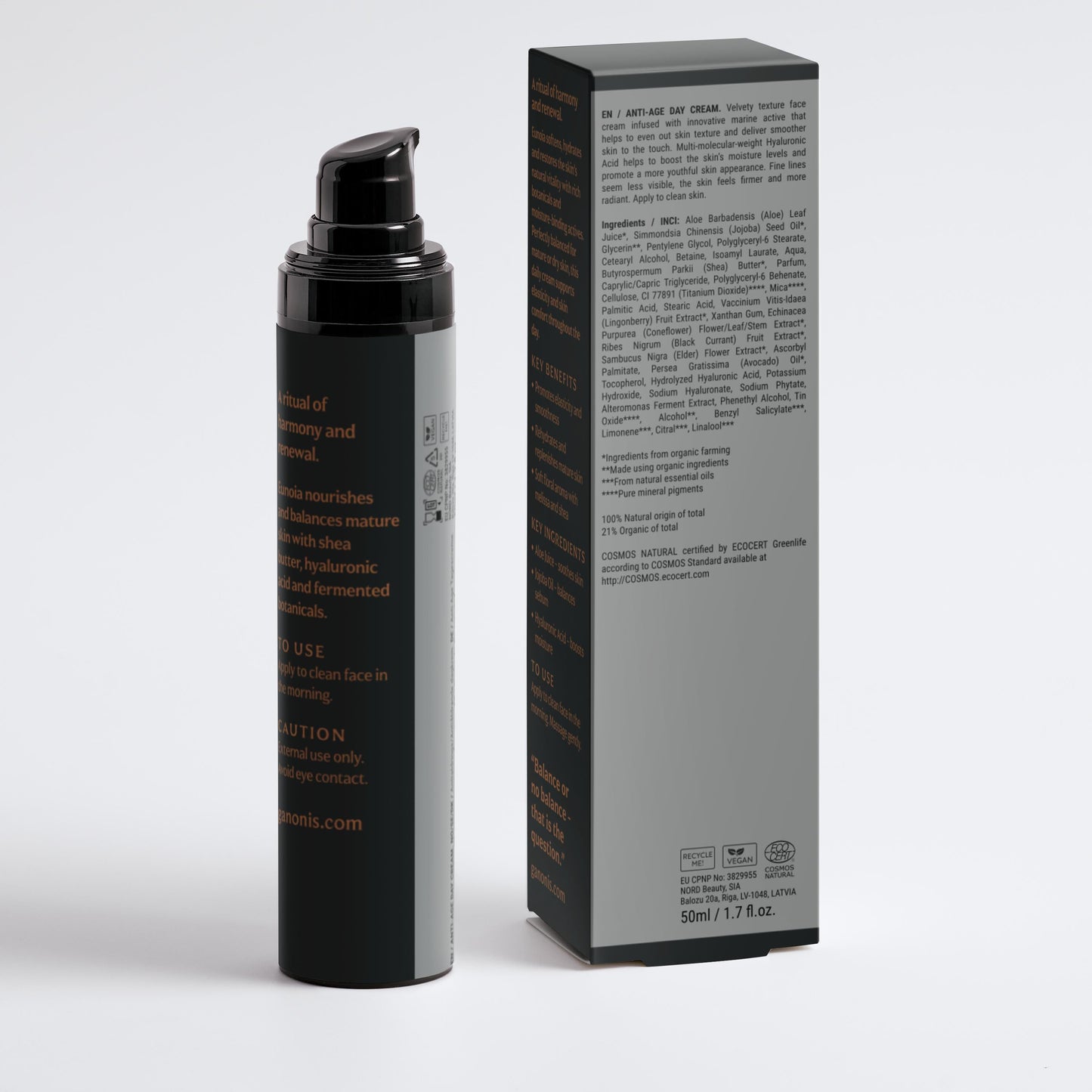 EUNOIA by GANONIS skincare product with pump and packaging on a white background